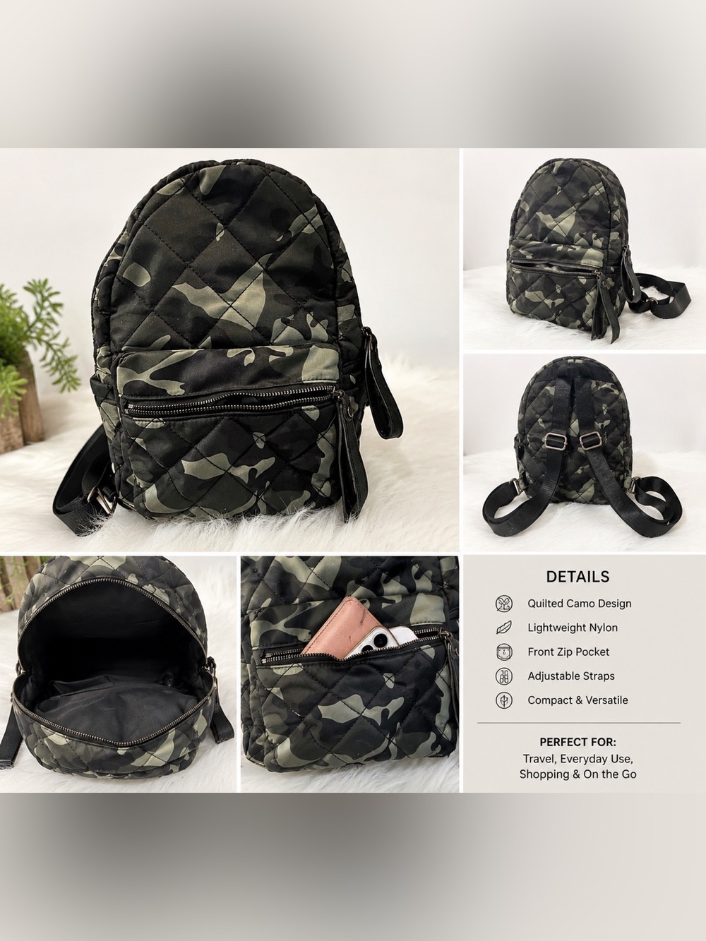 Sol & Selene Camo Quilted Mini Backpack Nylon Lightweight Travel Bag Small